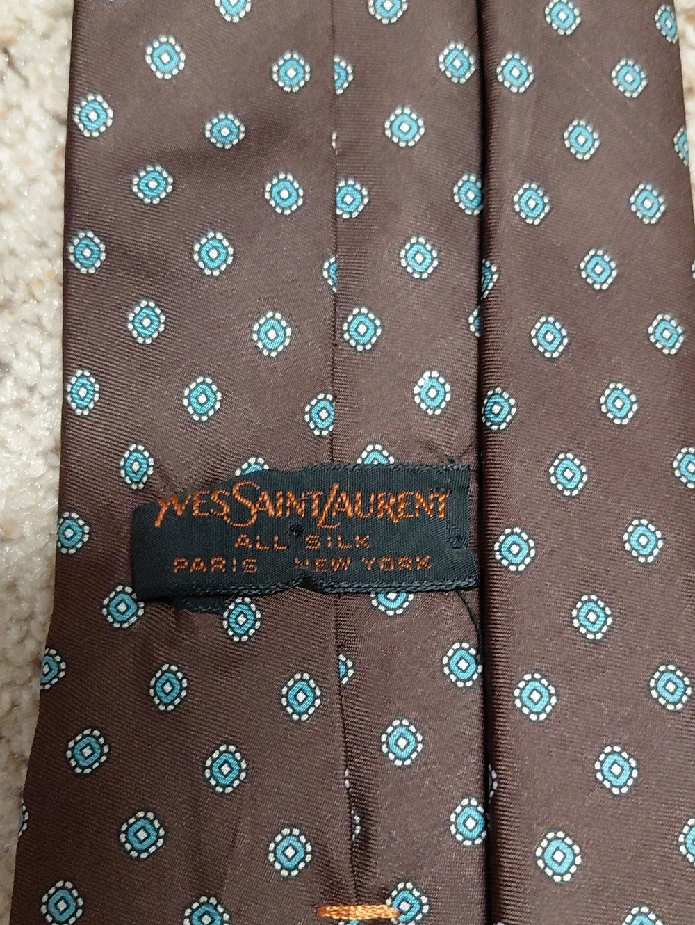 Yves Saint Laurent Brown Tie with Light Blue Polka Dot Motif